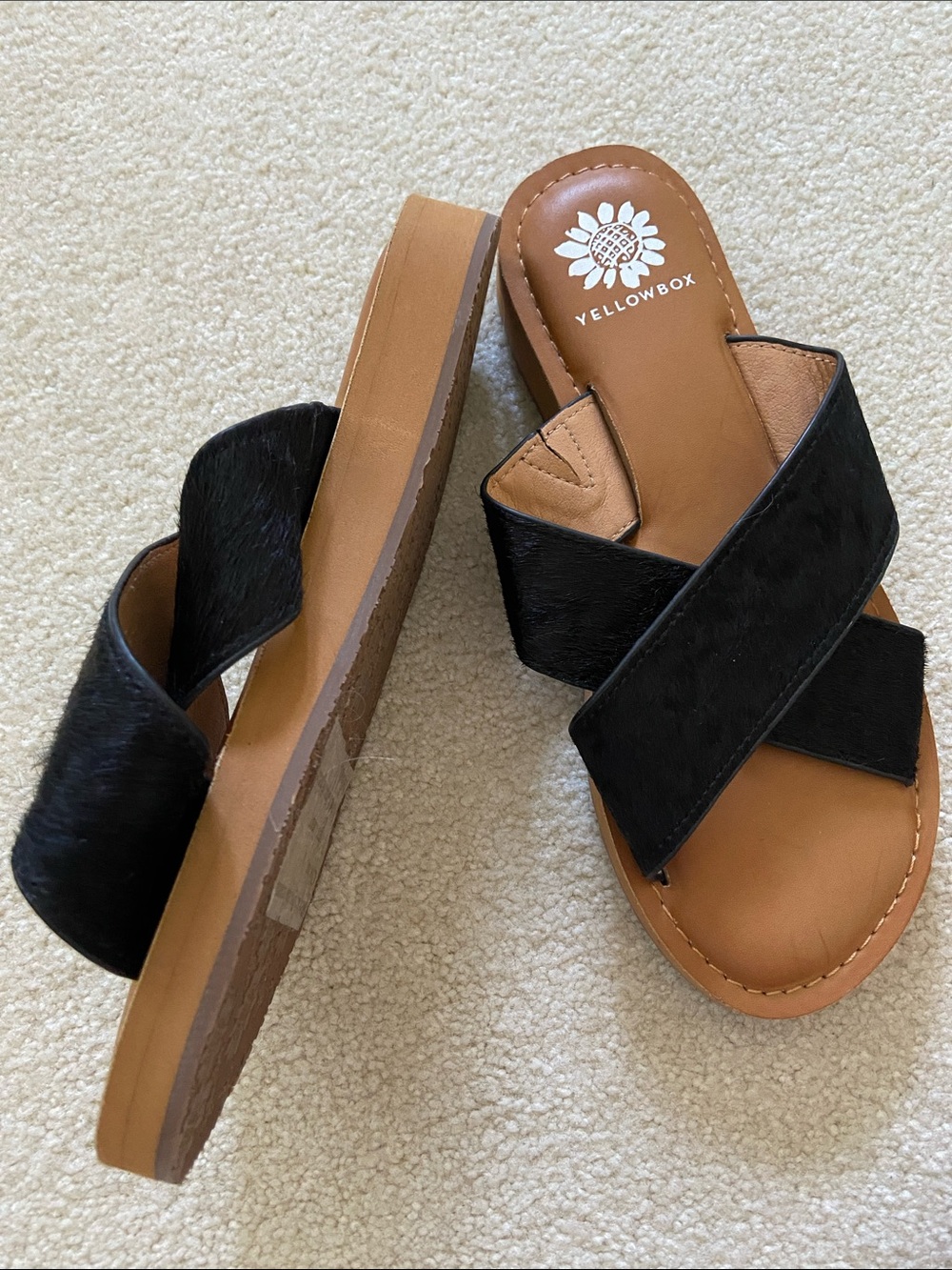 Yellow Box Ansila Black Crisscross Slide Sandals size 8 new with real cow hair - Picture 6 of 6